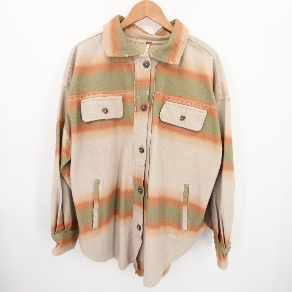 Free People Jacket Size Small Tan Striped Shacket Button Down Oversized Ruby EUC